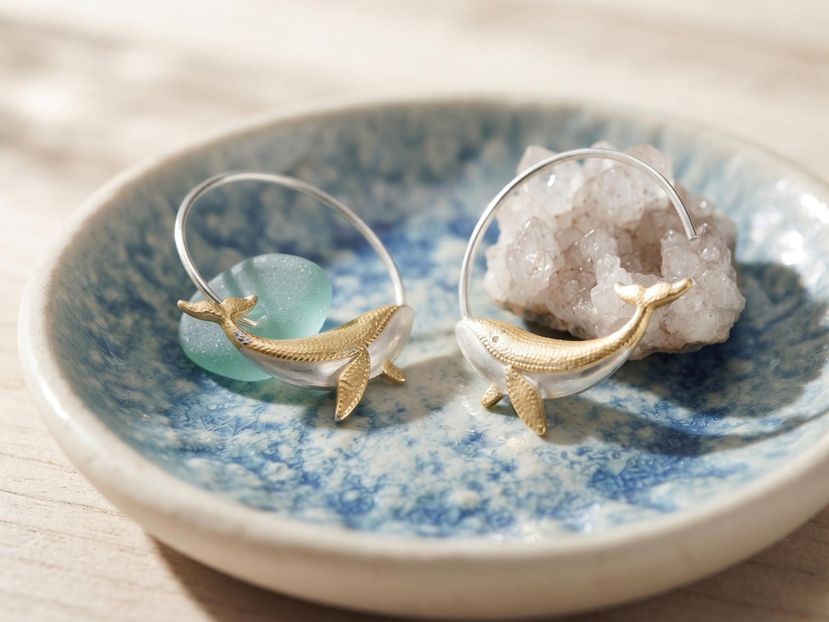 Humpback Whale Hoop Earrings, 14k Gold Silver Marine Animal Jewellery, Ocean Lover Gift, Boho Chic Vintage Style Earrings