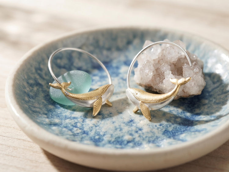 Humpback Whale Hoop Earrings, 14k Gold Silver Marine Animal Jewellery, Ocean Lover Gift, Boho Chic Vintage Style Earrings