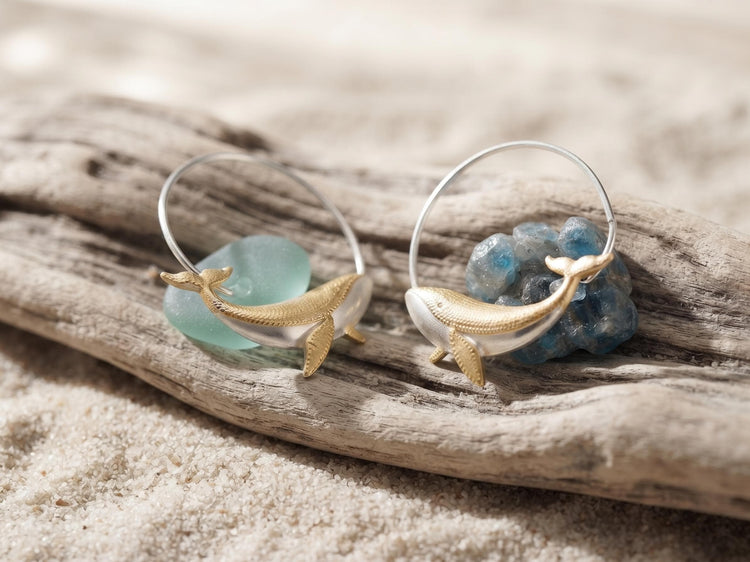 Humpback Whale Hoop Earrings, 14k Gold Silver Marine Animal Jewellery, Ocean Lover Gift, Boho Chic Vintage Style Earrings