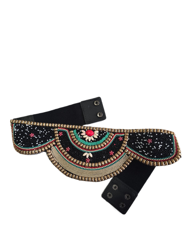 Black Beaded Waist Belt, Turquoise Red Gold Stretch Belt, Ethnic Boho Waist Accessory, Hippie Festival Dress Belt for Women