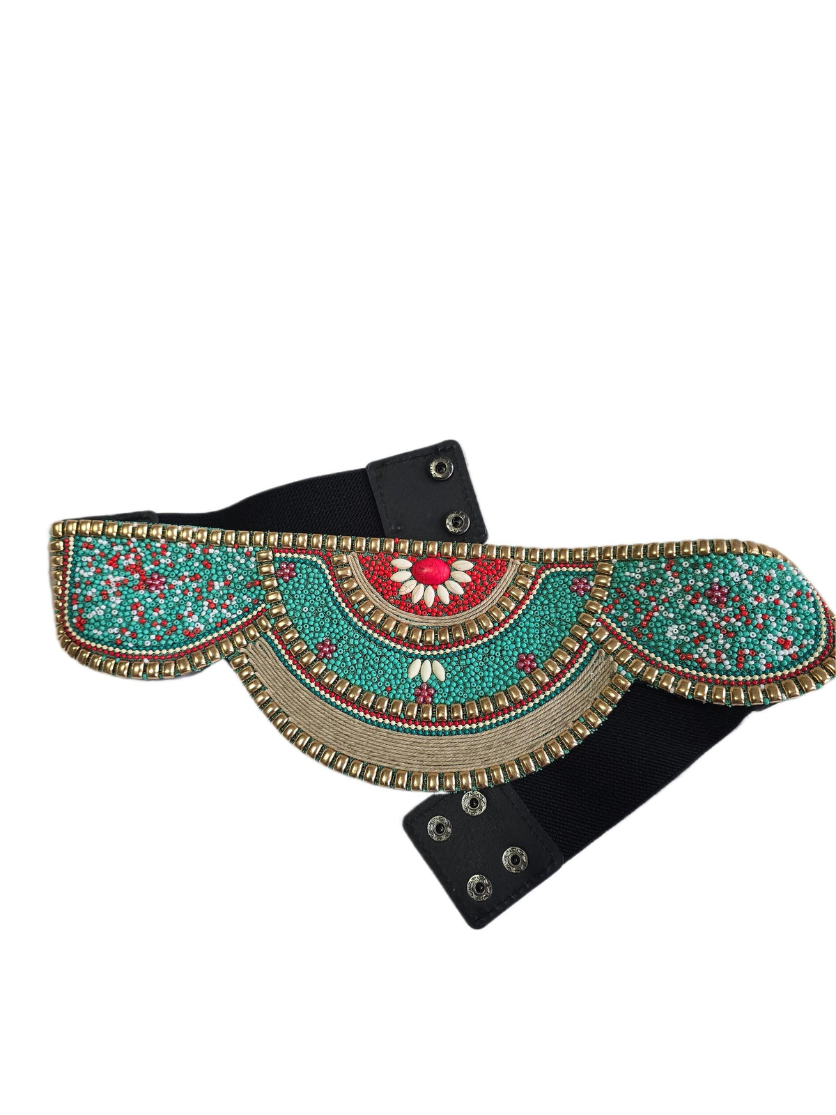 Black Beaded Waist Belt, Turquoise Red Gold Stretch Belt, Ethnic Boho Waist Accessory, Hippie Festival Dress Belt for Women