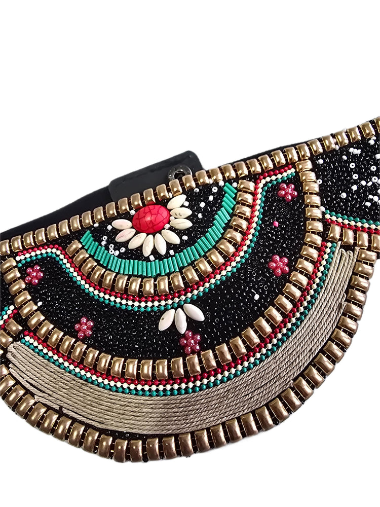 Black Beaded Waist Belt, Turquoise Red Gold Stretch Belt, Ethnic Boho Waist Accessory, Hippie Festival Dress Belt for Women