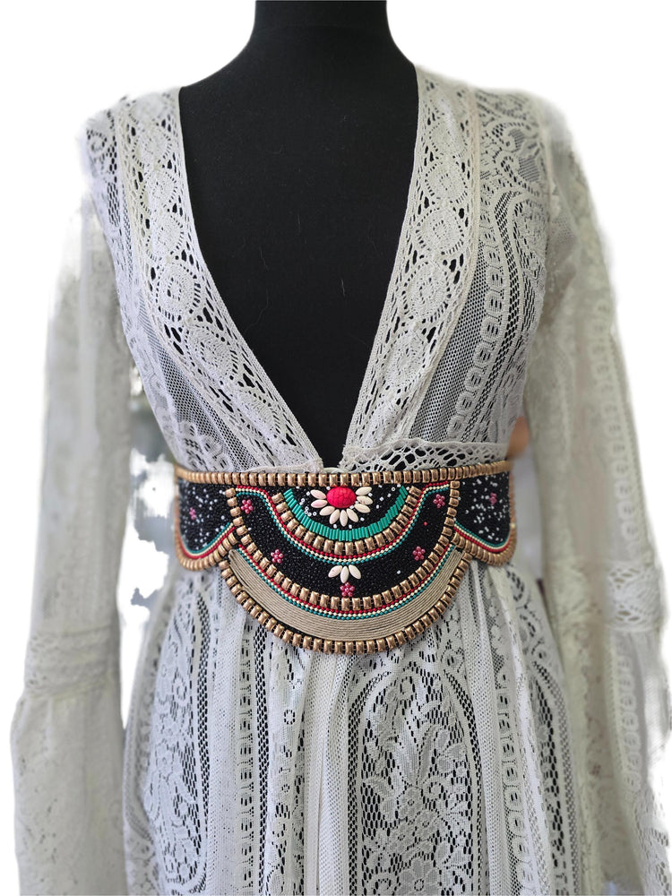 Black Beaded Waist Belt, Turquoise Red Gold Stretch Belt, Ethnic Boho Waist Accessory, Hippie Festival Dress Belt for Women