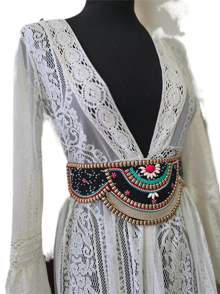 Black Beaded Waist Belt, Turquoise Red Gold Stretch Belt, Ethnic Boho Waist Accessory, Hippie Festival Dress Belt for Women