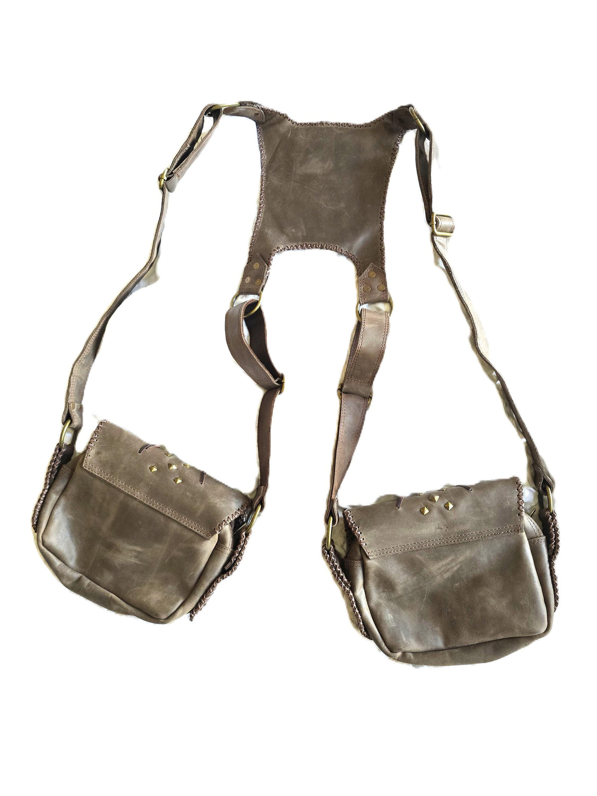 Leather Holster Bag, Steampunk Chest Pouch, Labradorite Festival Utility Belt, Brown Leather Biker Crossbody Bag