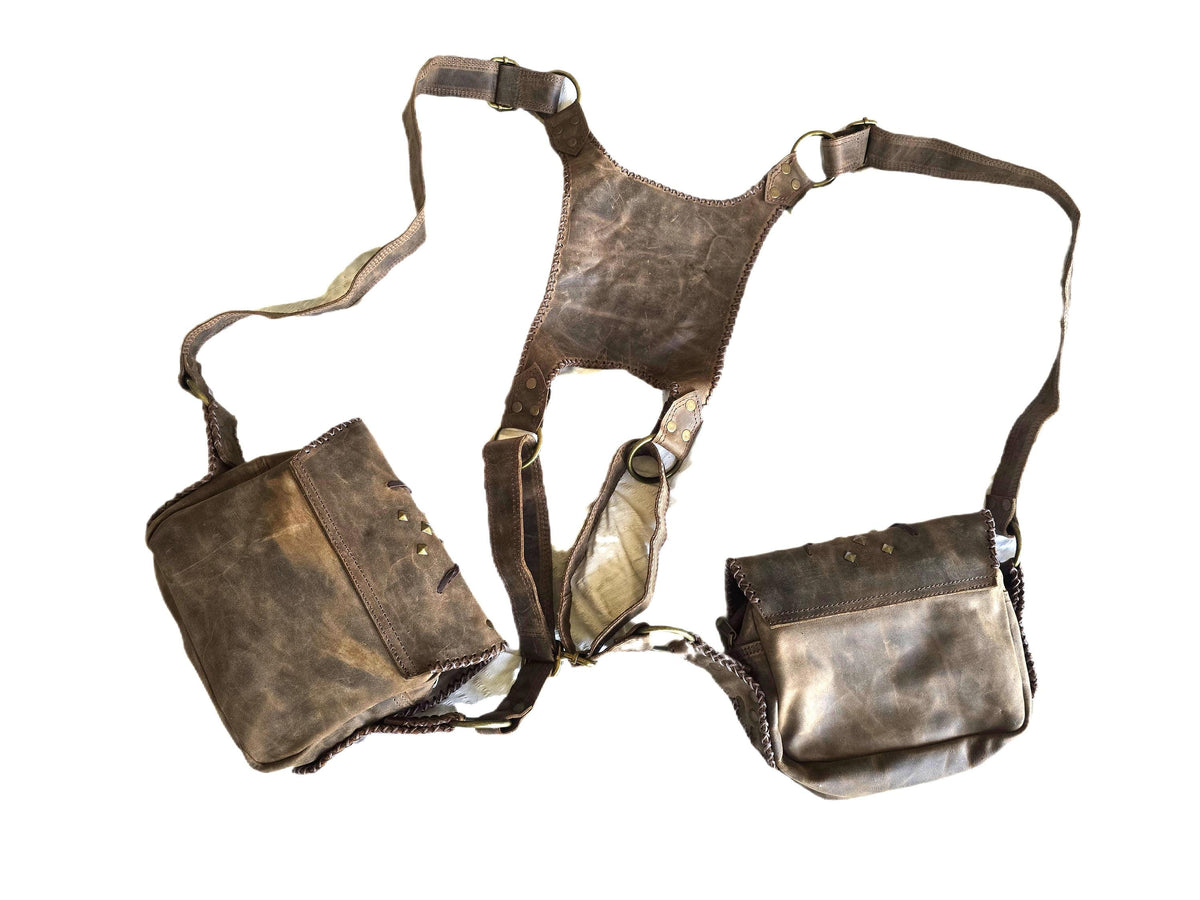 Leather Holster Bag, Steampunk Chest Pouch, Labradorite Festival Utility Belt, Brown Leather Biker Crossbody Bag