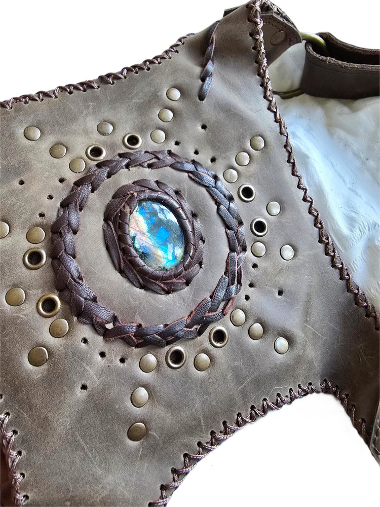 Leather Holster Bag, Steampunk Chest Pouch, Labradorite Festival Utility Belt, Brown Leather Biker Crossbody Bag