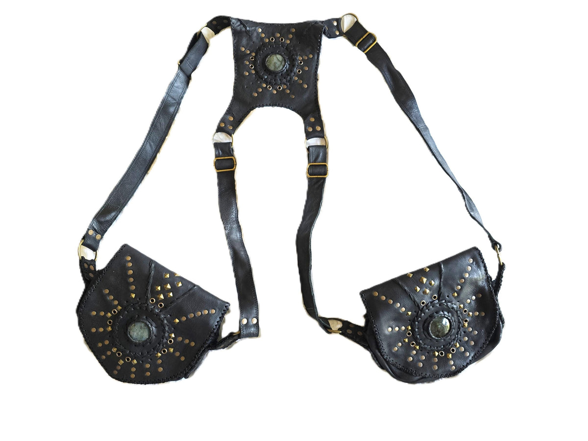 Black Leather Utility Bag, Labradorite Steampunk Pouch, Double Pocket Festival Holster, Rustic Biker Chest Bag