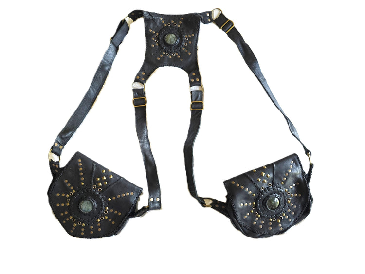Black Leather Utility Bag, Labradorite Steampunk Pouch, Double Pocket Festival Holster, Rustic Biker Chest Bag