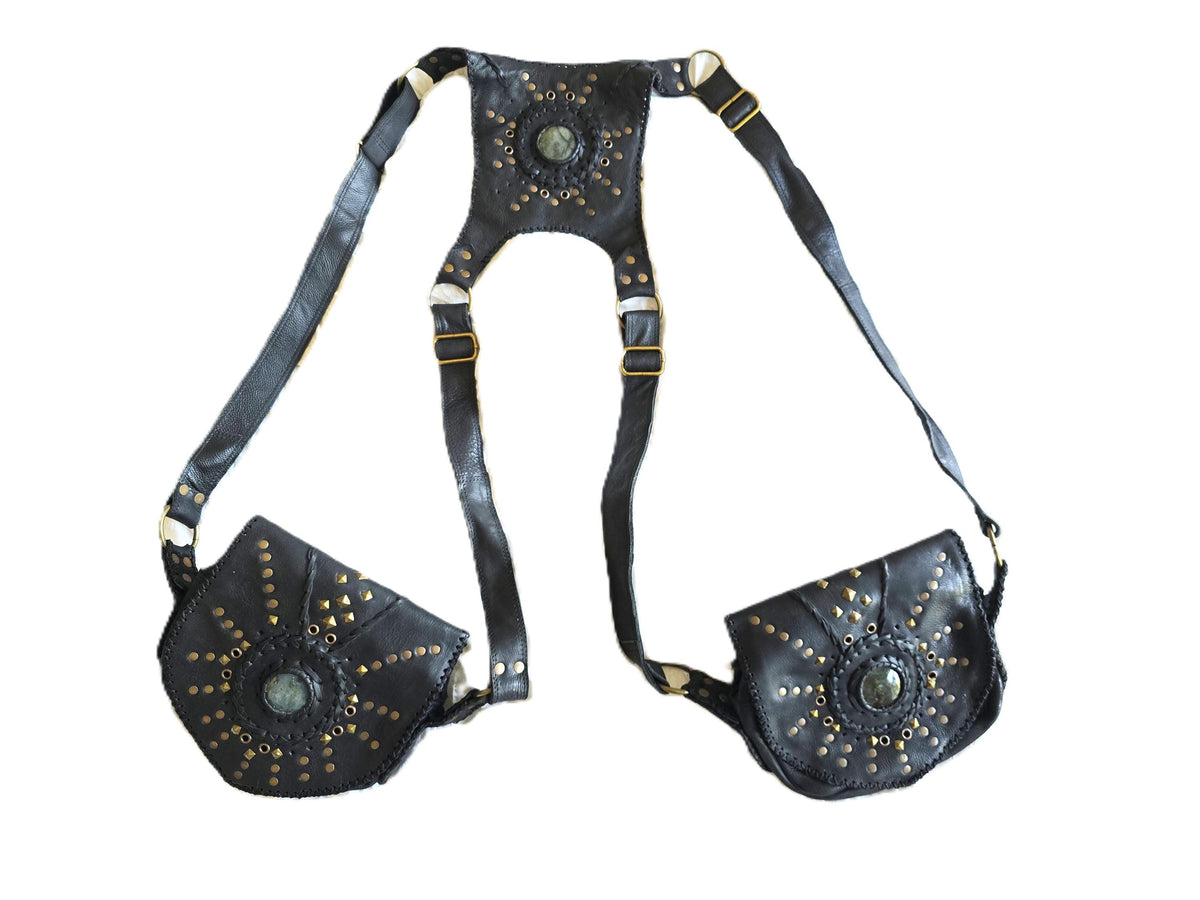 Black Leather Utility Bag, Labradorite Steampunk Pouch, Double Pocket Festival Holster, Rustic Biker Chest Bag