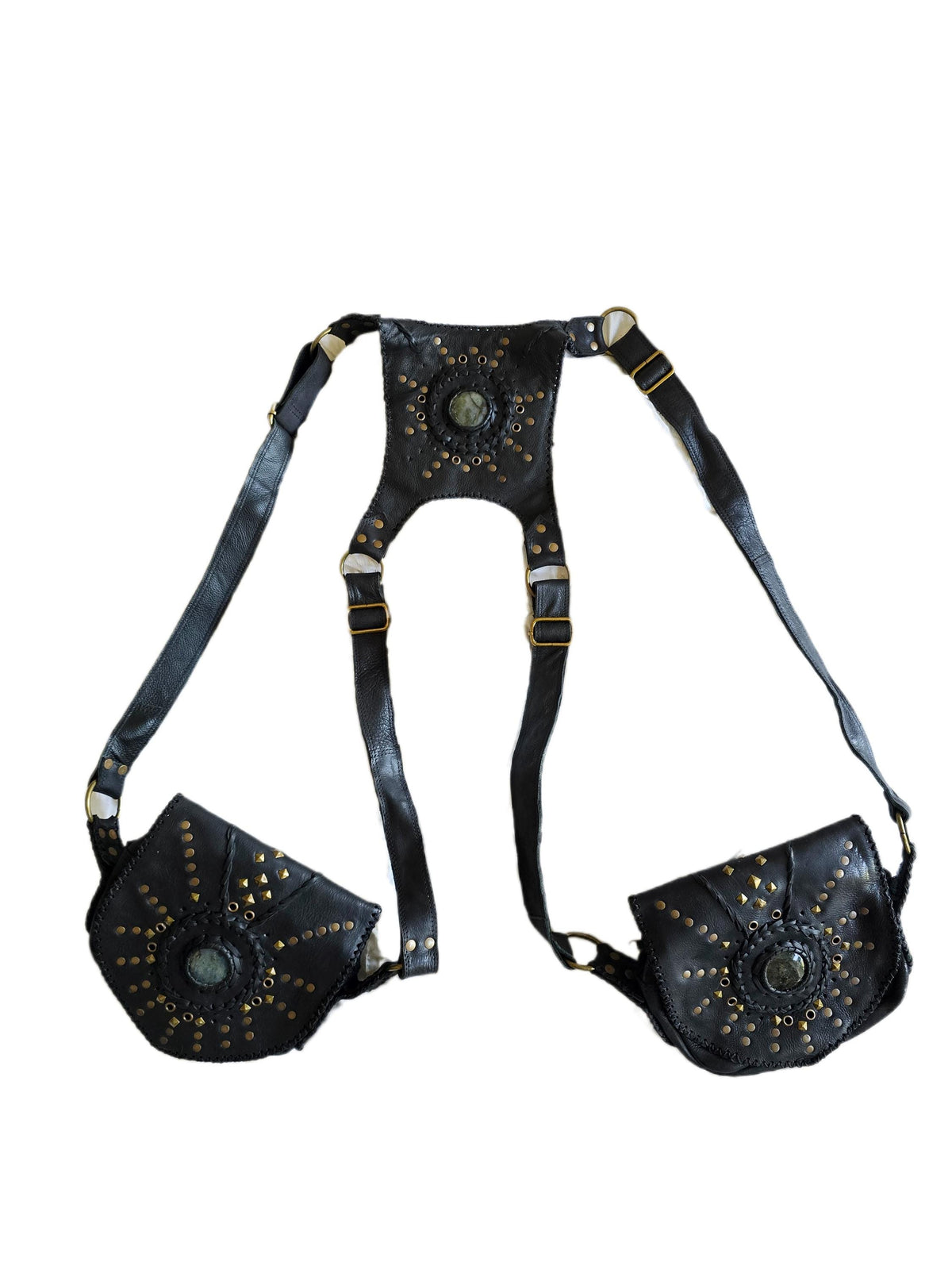 Black Leather Utility Bag, Labradorite Steampunk Pouch, Double Pocket Festival Holster, Rustic Biker Chest Bag