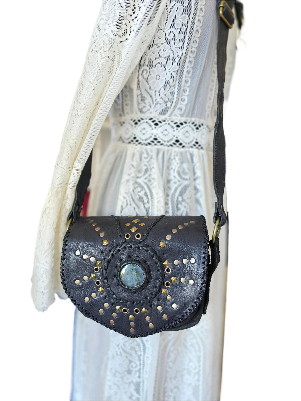Black Leather Utility Bag, Labradorite Steampunk Pouch, Double Pocket Festival Holster, Rustic Biker Chest Bag