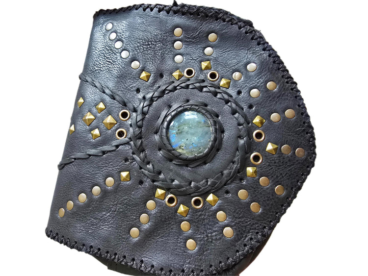 Black Leather Utility Bag, Labradorite Steampunk Pouch, Double Pocket Festival Holster, Rustic Biker Chest Bag