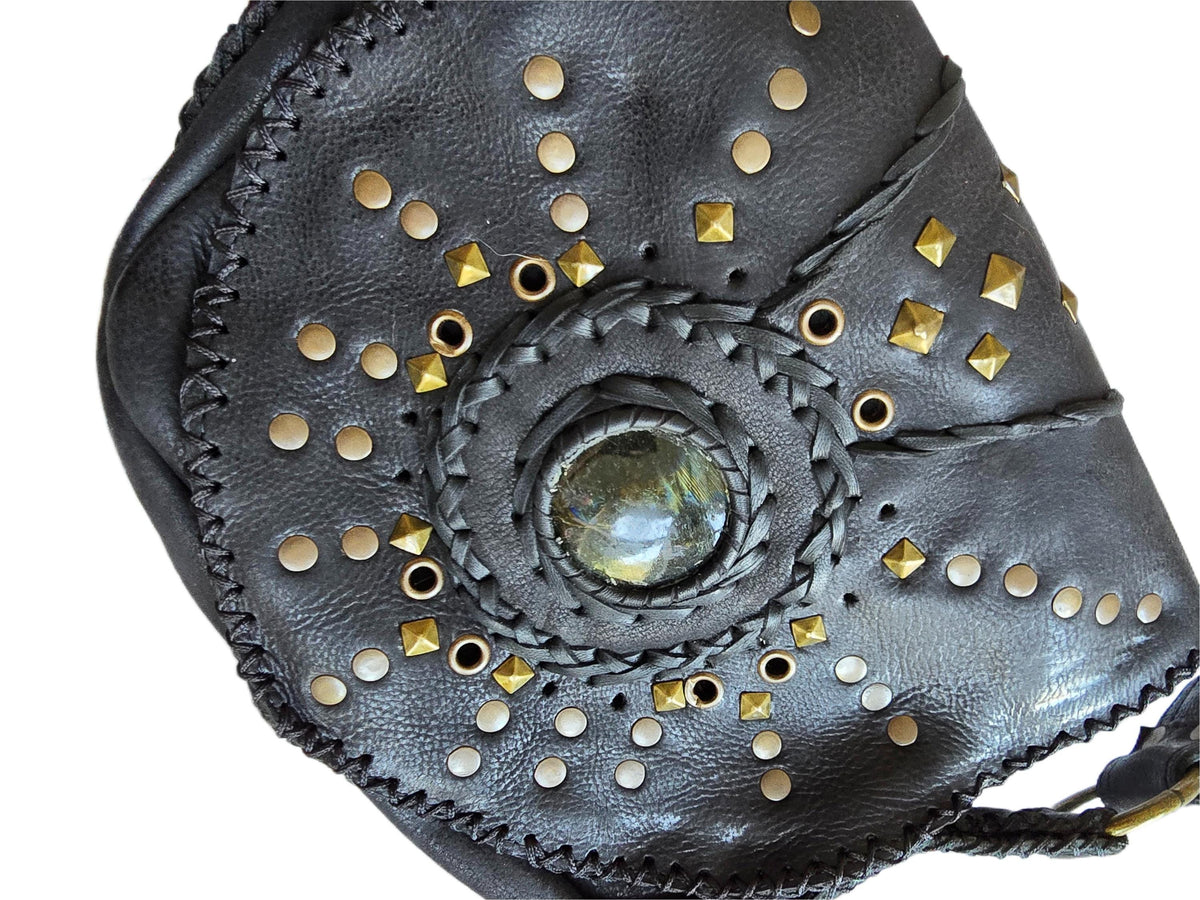 Black Leather Utility Bag, Labradorite Steampunk Pouch, Double Pocket Festival Holster, Rustic Biker Chest Bag
