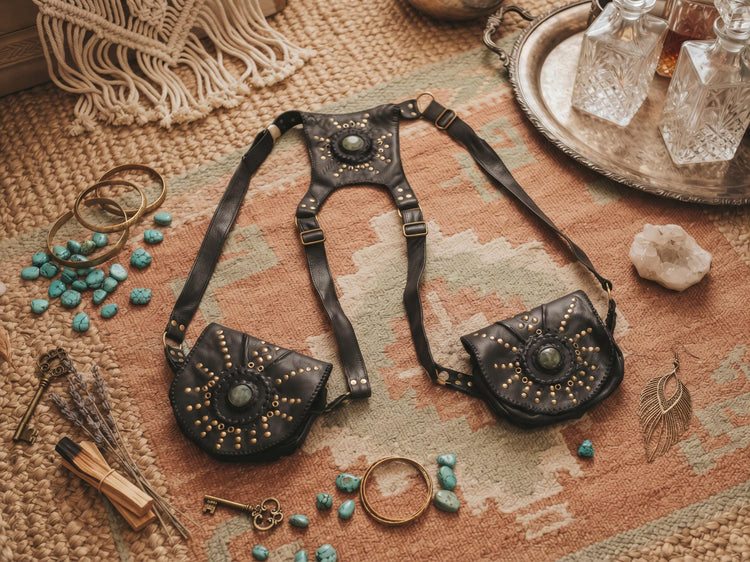 Black Leather Utility Bag, Labradorite Steampunk Pouch, Double Pocket Festival Holster, Rustic Biker Chest Bag
