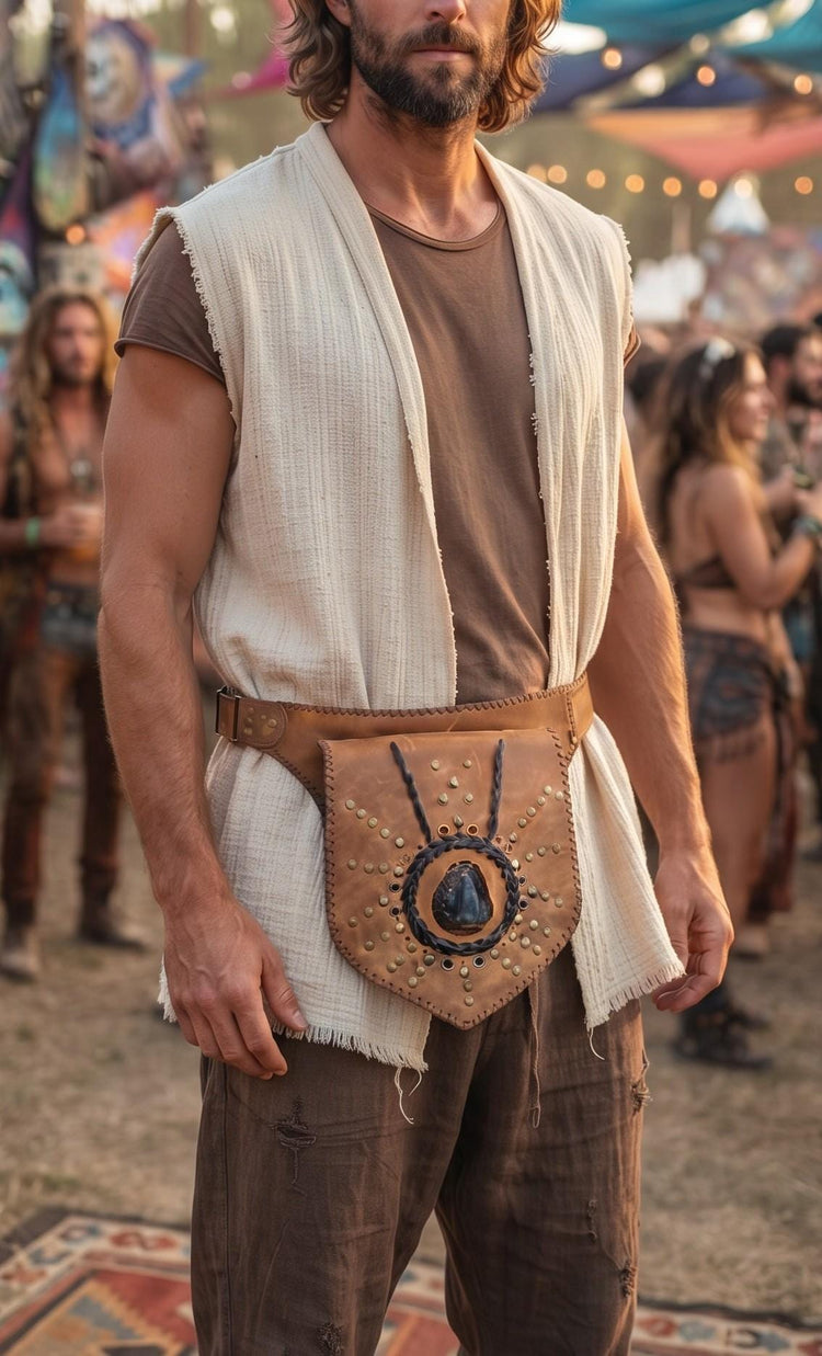 Tan Brown Leather Bum Bag, Steampunk Fanny Pack with Labradorite, Tooled Festival Hip Belt Bag