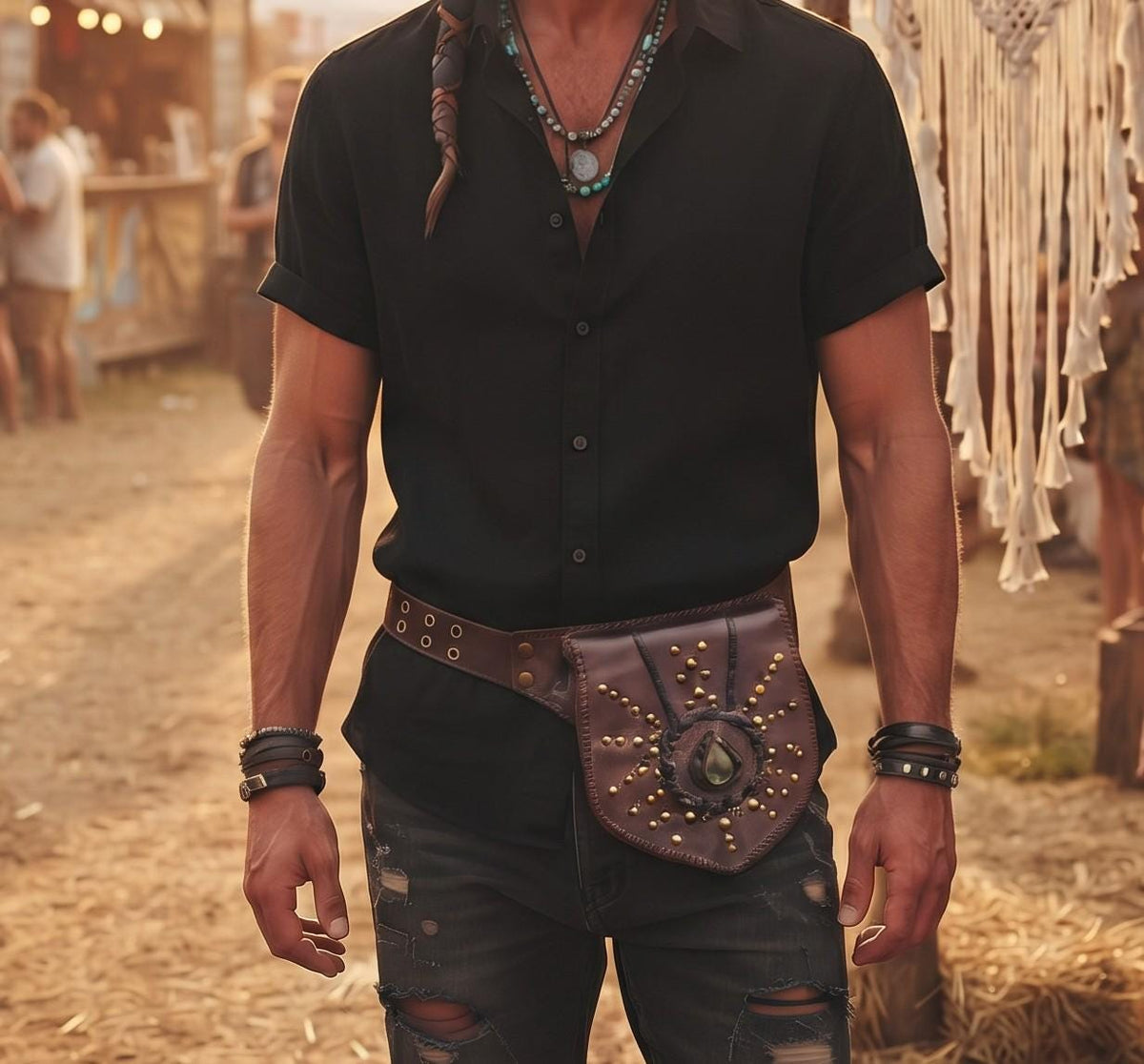 Dark Brown Leather Belt Bag, Rustic Utility Waist Pouch with Labradorite, Studded Festival Hip Bag