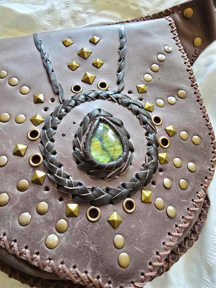 Dark Brown Leather Belt Bag, Rustic Utility Waist Pouch with Labradorite, Studded Festival Hip Bag