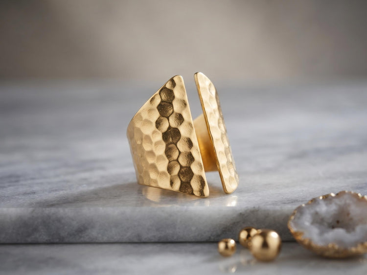 Gold Hammered Brass Ring, Adjustable Wide Band Statement Ring, Boho Vintage Gothic Jewellery, Chunky Gold Tone Ring for Women
