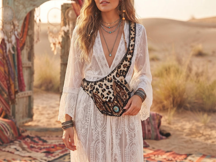 Leopard Cowhide Leather Bum Bag, Boho Western Belt Bag, Turquoise Stone Festival Fanny Pack, Cowgirl Crossbody Waist Bag