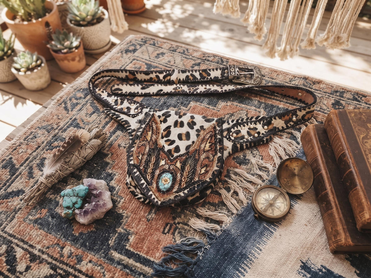 Leopard Cowhide Leather Bum Bag, Boho Western Belt Bag, Turquoise Stone Festival Fanny Pack, Cowgirl Crossbody Waist Bag