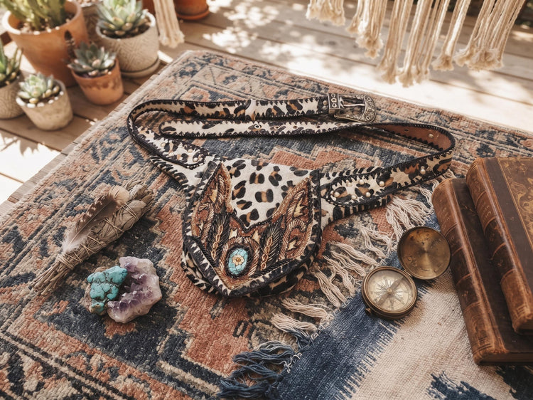 Leopard Cowhide Leather Bum Bag, Boho Western Belt Bag, Turquoise Stone Festival Fanny Pack, Cowgirl Crossbody Waist Bag