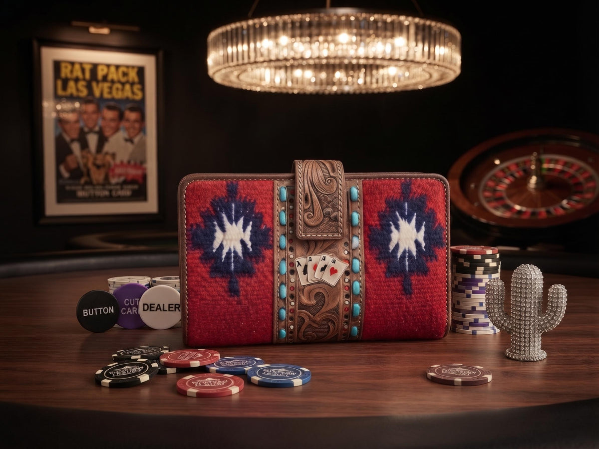 Leather Poker Wallet for Women, Four Aces Western Bifold Purse, Hand Tooled Floral Buffalo Leather, Aztec Boho Cowgirl Gift