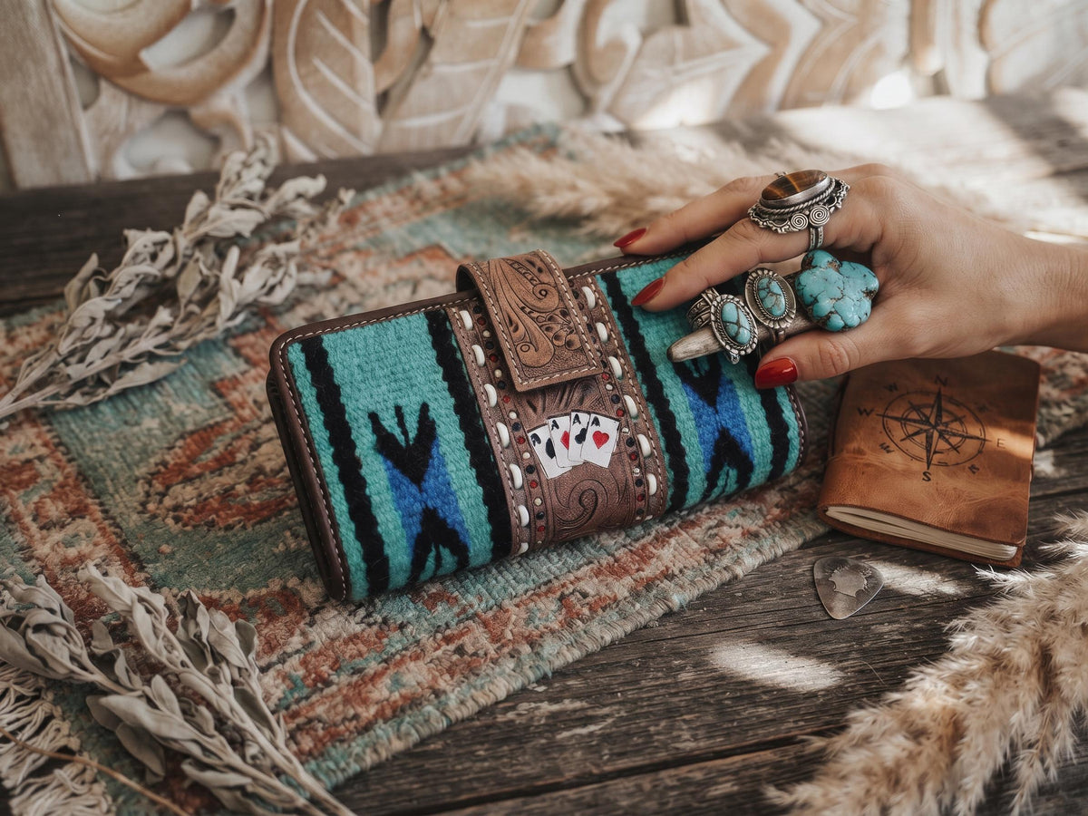 Leather Poker Wallet for Women, Four Aces Western Bifold Purse, Hand Tooled Floral Buffalo Leather, Aztec Boho Cowgirl Gift