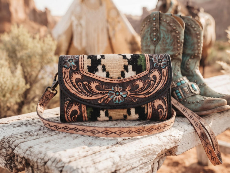 Floral Tooled Leather Clutch Wallet, Aztec Western Mini Bag with Detachable Strap, Handmade Buffalo Leather Boho Purse