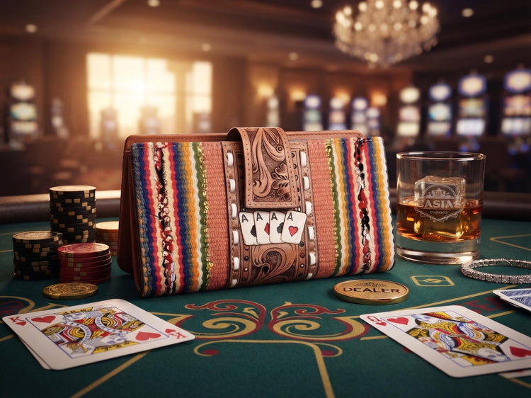 Leather Poker Wallet for Women, Four Aces Western Purse, Hand Tooled Buffalo Leather Bifold, Striped Aztec Style Las Vegas Gift