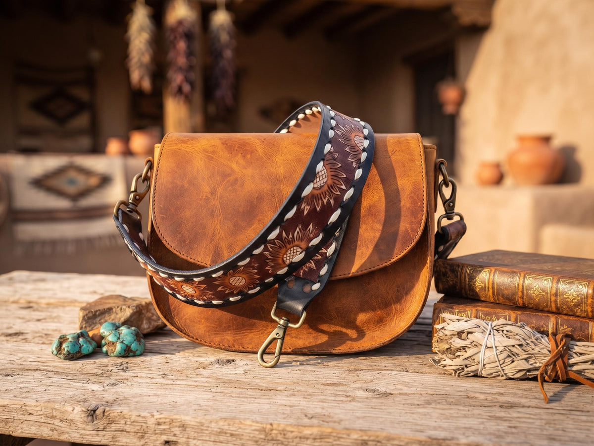 Western Sunflower Leather Bag Strap, Tooled Floral Replacement Purse Strap, Detachable Boho Shoulder Strap, Camera Strap