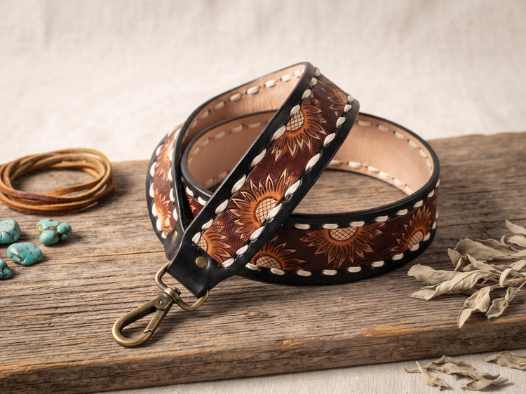 Western Sunflower Leather Bag Strap, Tooled Floral Replacement Purse Strap, Detachable Boho Shoulder Strap, Camera Strap