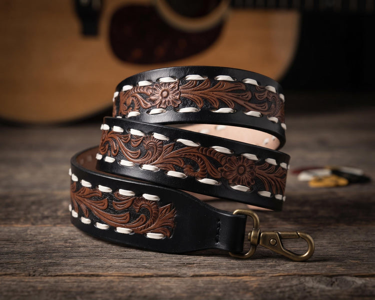 Western Tooled Leather Bag Strap, Floral Leather Replacement Shoulder Strap, Detachable Boho Camera or Guitar Strap