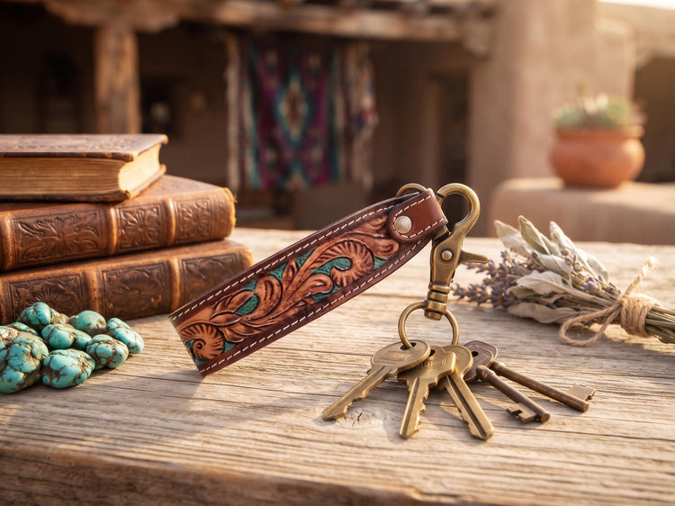 Turquoise Brown Leather Wristlet Keychain, Tooled Western Floral Key Fob, Boho Leather Key Lanyard