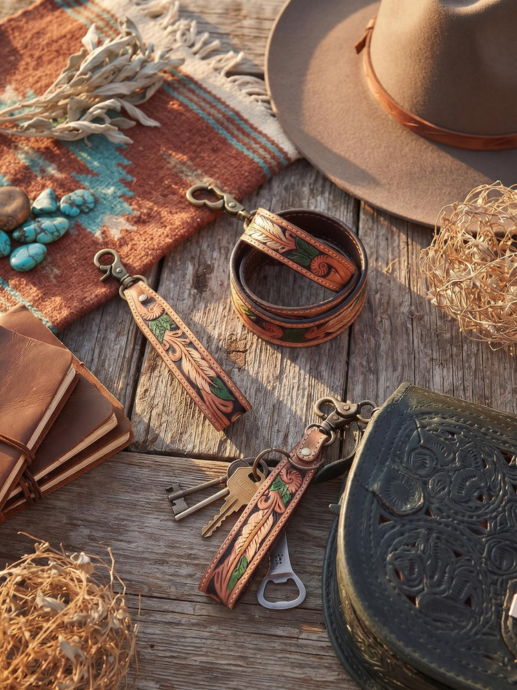 Western Feather Leather Wristlet Keychain, Hand Tooled Boho Key Fob, Oversized Cowgirl Bag Charm