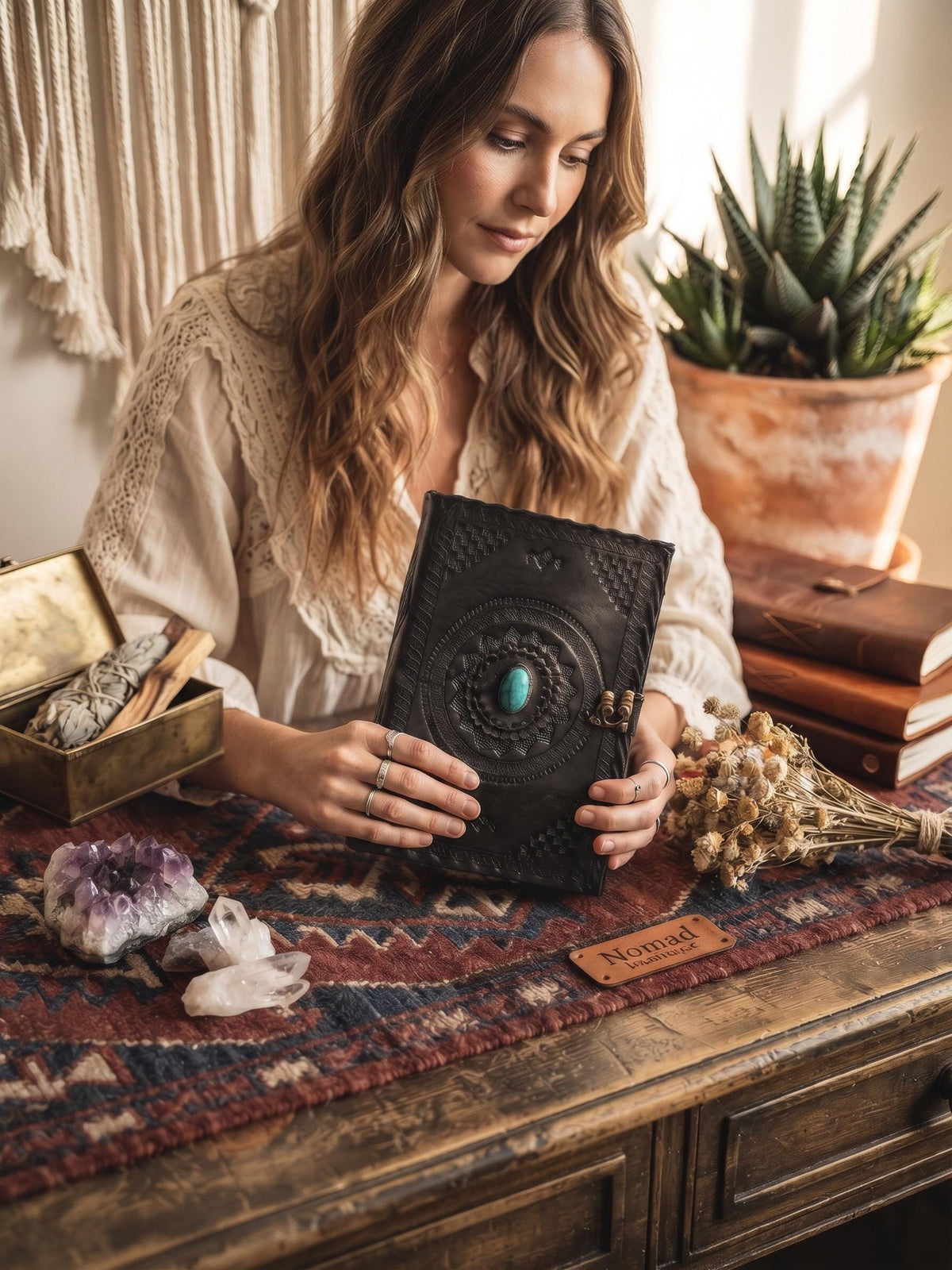 Black Leather Journal with Turquoise Stone, Handmade Boho Diary, Lockable Leather Sketchbook, Vintage Spell Book