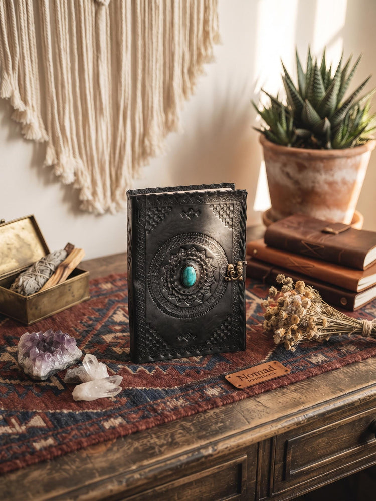 Black Leather Journal with Turquoise Stone, Handmade Boho Diary, Lockable Leather Sketchbook, Vintage Spell Book