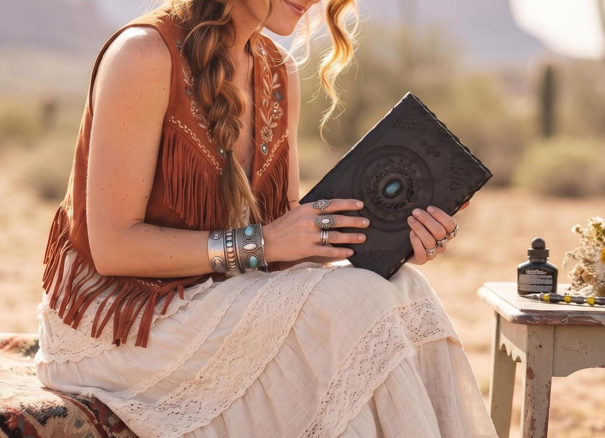Black Leather Journal with Turquoise Stone, Handmade Boho Diary, Lockable Leather Sketchbook, Vintage Spell Book
