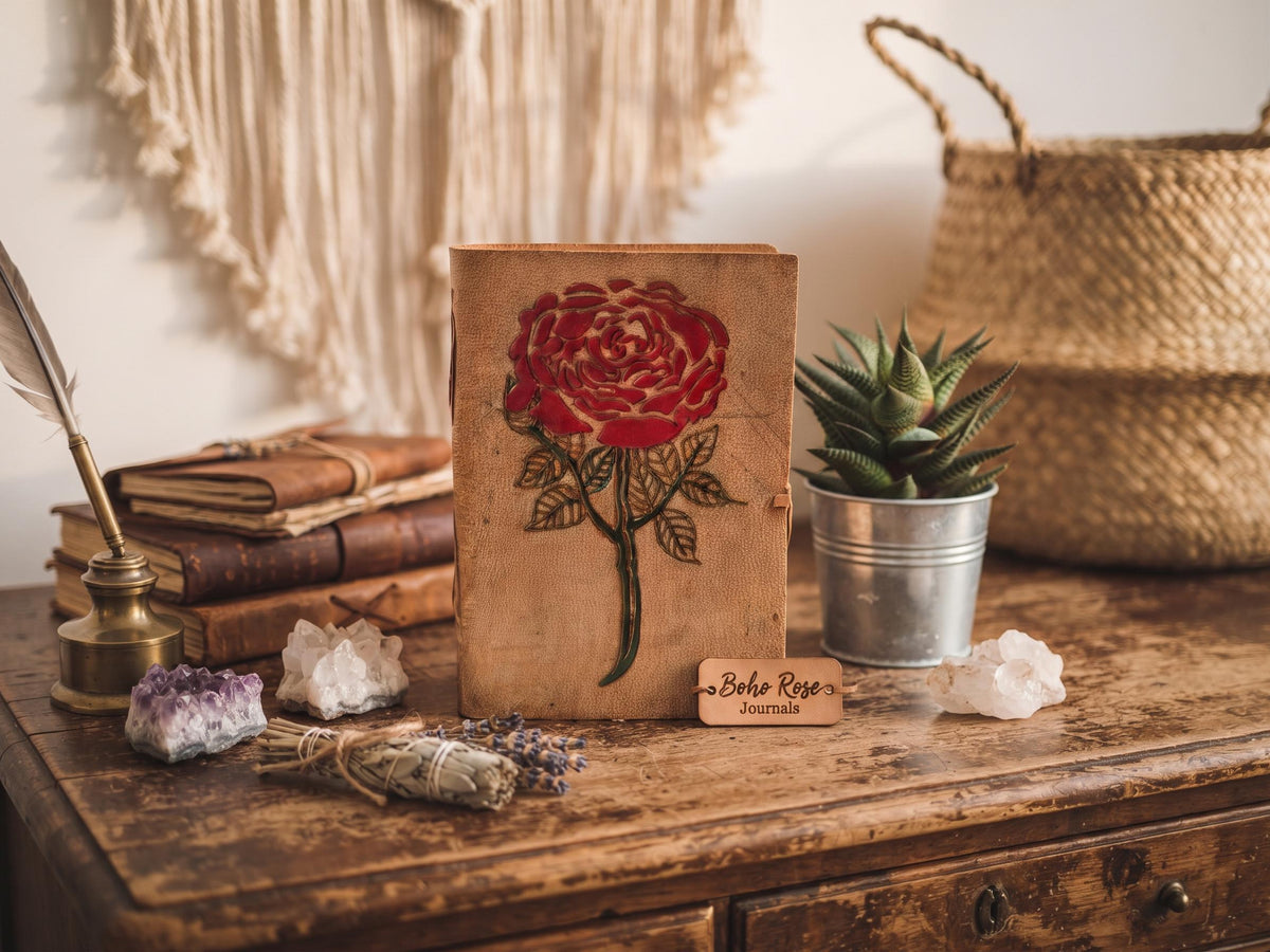 Red Rose Leather Journal: Hand-Tooled Vintage Travel Diary