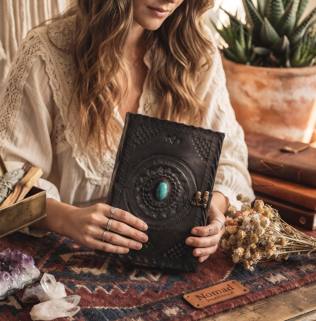 Black Leather Journal with Turquoise or Quartz Stone, Large Tooled Leather Diary, Boho Buckle Notebook for Writers