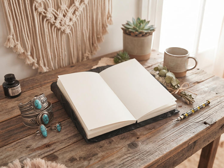Black Leather Journal with Turquoise or Quartz Stone, Large Tooled Leather Diary, Boho Buckle Notebook for Writers