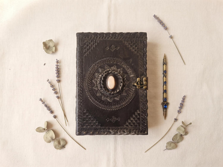Black Leather Journal with Turquoise or Quartz Stone, Large Tooled Leather Diary, Boho Buckle Notebook for Writers