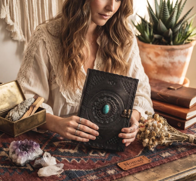 Tooled leather notebook with turquoise stone - handcrafted journal for women