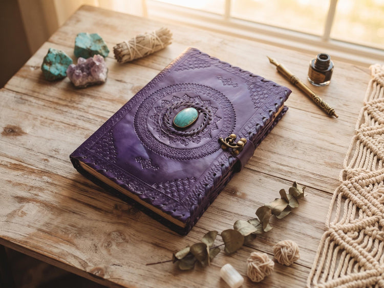 Tooled leather notebook with turquoise stone - handcrafted journal for women