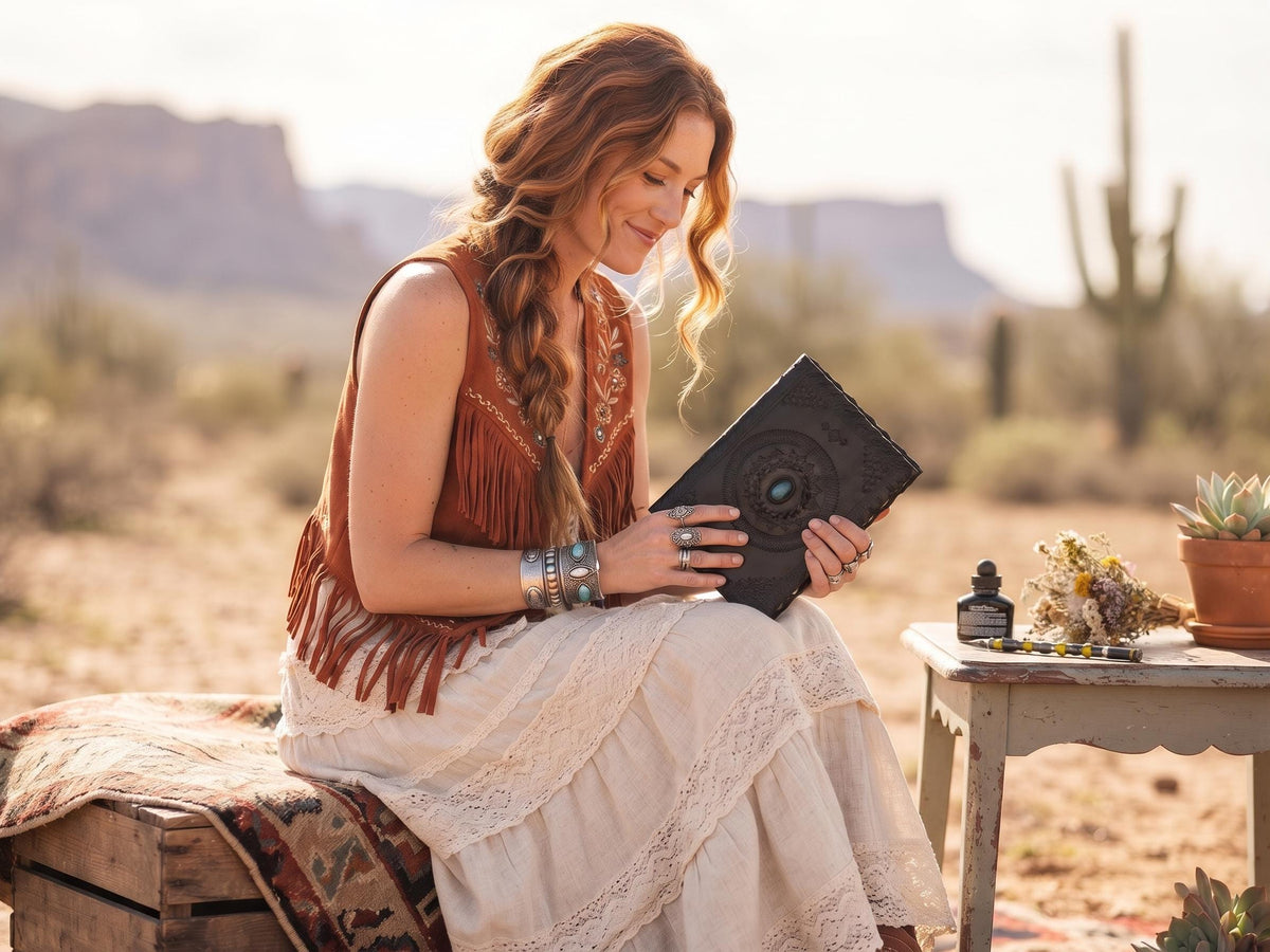 Tooled leather notebook with turquoise stone - handcrafted journal for women