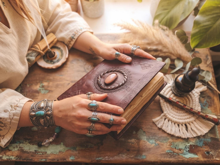 Tooled Leather Journal with Turquoise Stone: Boho Travel Diary