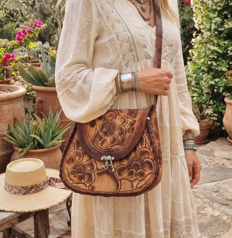 70s Vintage Floral Tooled Leather Bag, Rose Design Boho Purse, Fairycore Handbag, Cottagecore Hippie Satchel
