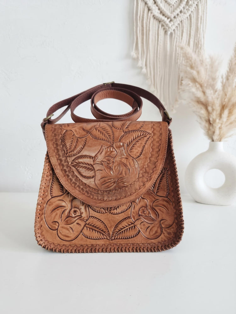 Rose Leather Crossbody Bag, 70s Vintage Style Tan Brown Floral Satchel, Tooled Boho Purse, Western Cottagecore Handbag