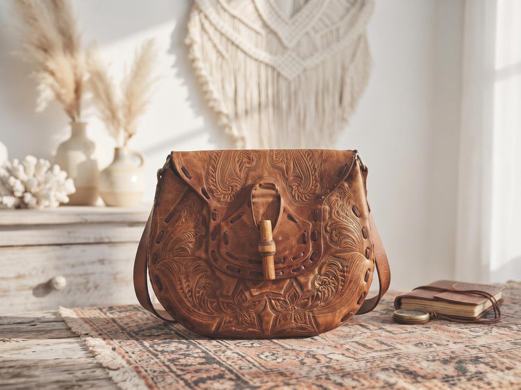 1970s Vintage Tooled Leather Bag, Tan Brown Floral Shoulder Purse, Boho Hippie Handbag, Wooden Buckle Cottagecore