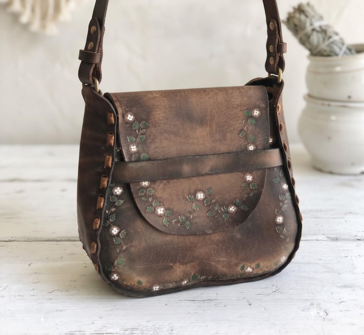 1970s Vintage Leather Shoulder Bag, Dark Brown Tooled Floral Hippie Purse, Hand Painted Cottagecore Boho Bag